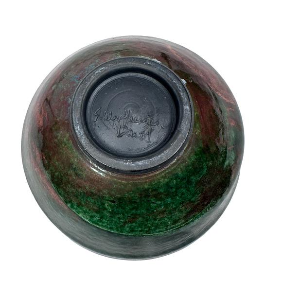 Susan Wertheimer David Raku Pottery Bowl Green with Metallic Highlights 6" - Picture 9 of 11